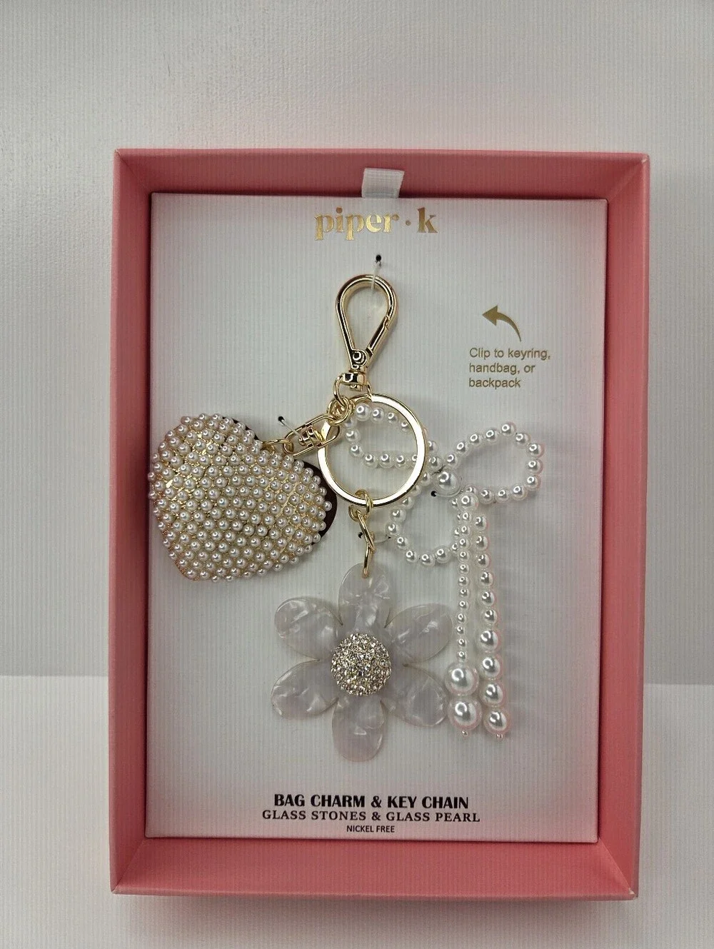 🤍▪️piper K ▪️ Uk Exclusive Gold-Tone Pearl Heart & Clear Flower Keychain
